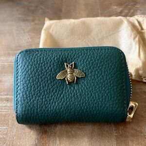 Green Leather Wallet with Gold Bee Accent